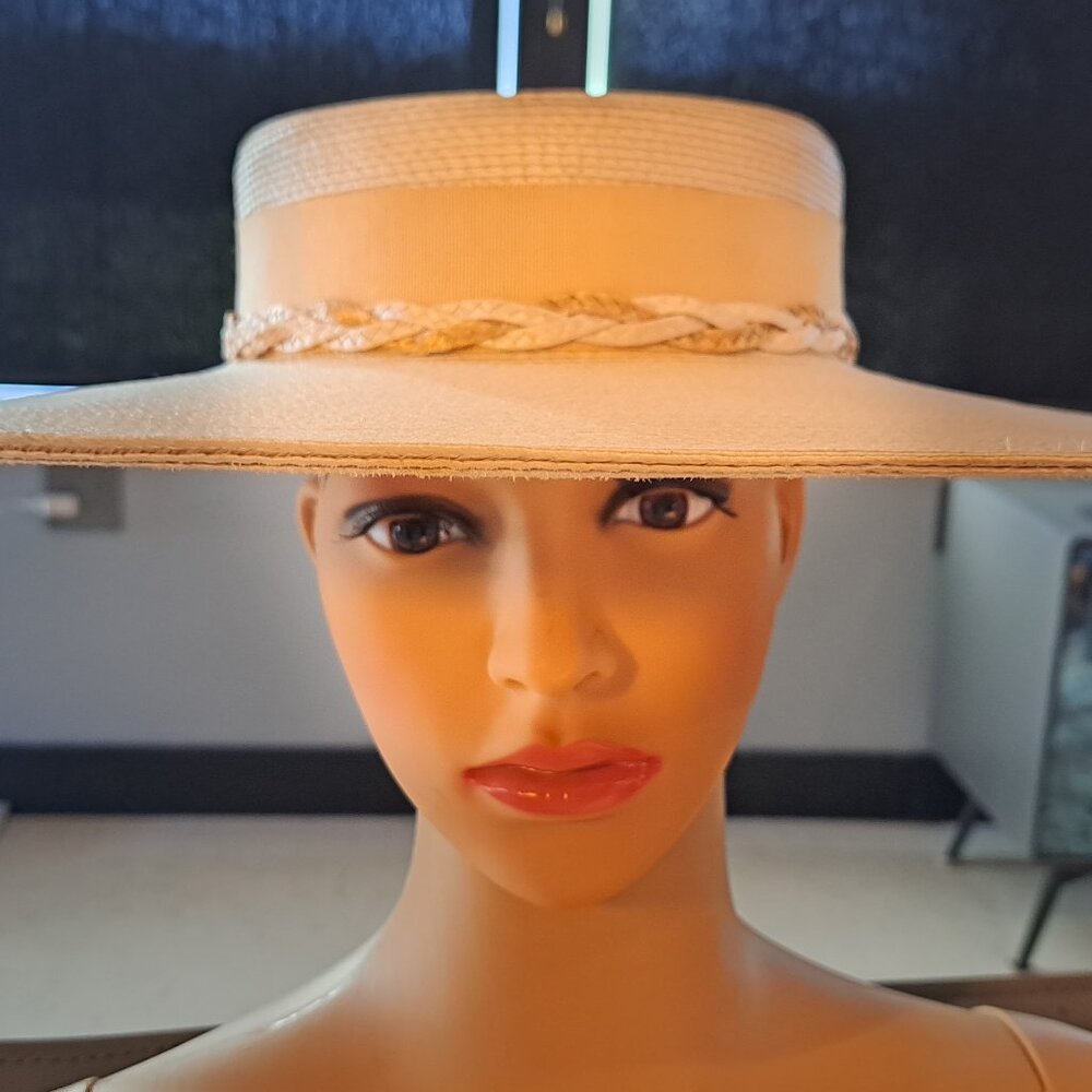 VTG Fedoria Women's Cream Lacquered Straw Large Brim 16" Hat Melania Trump Style